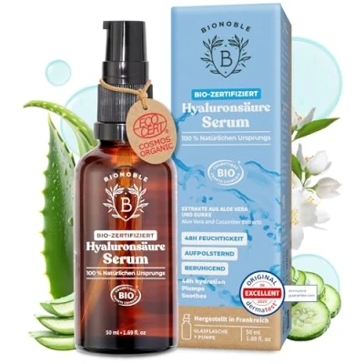 Abbildung von BIONOBLE Hyaluron Serum hochdosiert BIO zertifiziert Anti Aging &amp; Falten 100% natürlichen Ursprungs mit Aloe Vera Glasflasche Pumpe Hyaluronic Acid Gesicht 50 ml