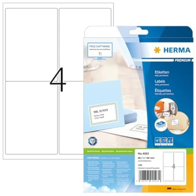 Abbildung von HERMA 4503 Versandetiketten, 25 Blatt, 99,1 x 139 mm, 4 pro A4 Bogen, 100 Stück, selbstklebend, bedruckbar, matt, blanko Papier Adressetiketten Aufkleber, weiß
