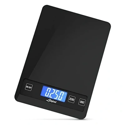 Abbildung von ﻿﻿Liebfeld Küchenwaage Digital Präzise Waage aus Edelstahl u. Glas mit großer Wiegefläche bis 15kg Beleuchtetes Display Digitale Haushaltswaage inkl. 2 AA Batterien Küchen Zubehör ﻿