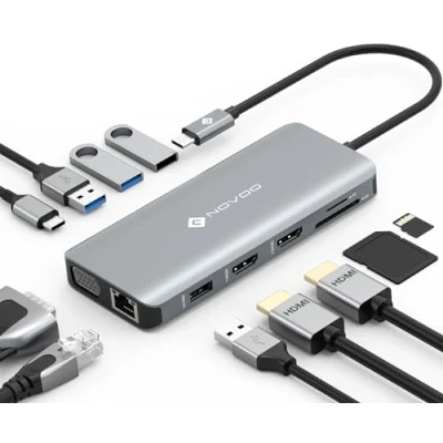 Abbildung von NOVOO USB C Hub mit Dual HDMI 4K, Docking Station 11 in 1 RJ45 Gigabit Ethernet, 2 3.0, 2.0, VGA, Typ 100 W PD, SD/TF Karten Adapter für MacBook Pro/Air, Dell, Lenovo