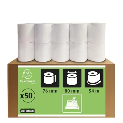 Abbildung von Exacompta 7680120V 50er Pack Kassenrollen, 1 lagig Offset(holzfrei) standard, Breite: 76mm, Länge 54m Durchmesser Kern 12mm, 60g/m², extra weiß für Kassen Kassenrolle