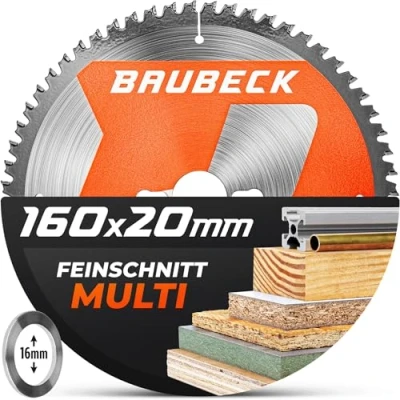 Abbildung von BAUBECK Sägeblatt 160x20 +16mm Adapter, 60Z, 1.5mm Feinschnitt in Holz &amp; Alu kompatibel mit Festool TS 55 / ATF E, Bosch PKS A/PKS 54, Kreissägeblatt 160x20, 160x16