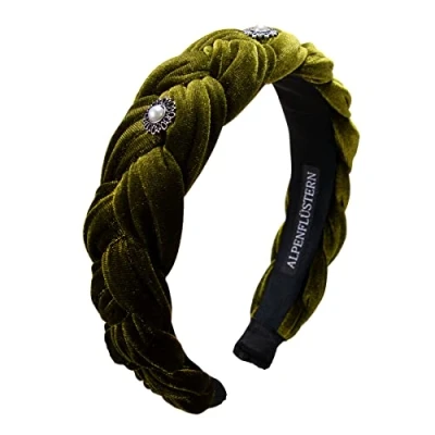 Abbildung von Alpenflüstern Trachten Haarreif Samt Flechtoptik Helena Damen Haarschmuck geflochten mit Perlen Ornament, Haarband rutschfest fürs Dirndl (grün) ADV133