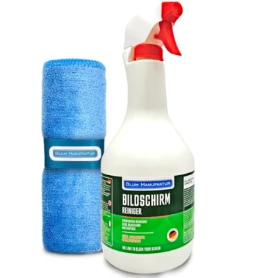 Abbildung von BLUM MANUFAKTUR Bildschirmreiniger 1x 1000 ml + 30x30 cm Mikrofasertuch supersoft 365GSM Screen Cleaner Display Reiniger