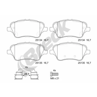Abbildung von BRECK 25134 00 701 Bremsbelagsatz mit Bremssattelschrauben Zubehör FORD: FIESTA 6, B Max, Transit Courier Kastenwagen