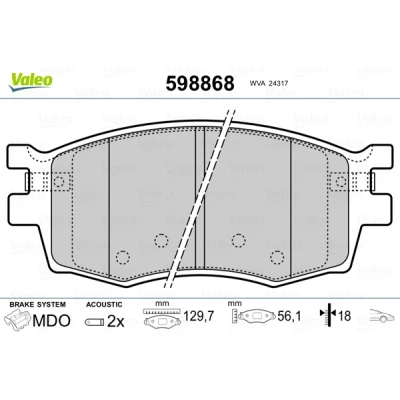 Abbildung von VALEO 598868 Bremsbelagsatz Vorderachse inkl. Verschleißwarnkontakt mit Anti Quietsch Blech HYUNDAI: i20 I Schrägheck, ix35, i30 II Kombi, KIA: RIO 2