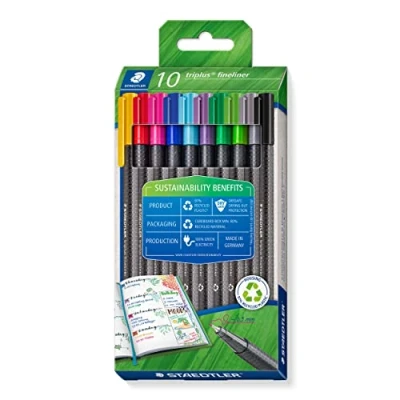 Abbildung von STAEDTLER dreikantiger Fineliner triplus, aus recyceltem Kunststoff, superfeine, metallgefasste 0,3 mm Spitze, lange Lebensdauer, 10 in sortierten Farben im Kartonetui, 334 RC10