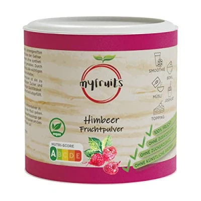 Abbildung von myfruits Himbeerpulver, gefriergetrocknet, 70g, ohne Zusätze, zu 100% getrocknete und gemahlene Himbeeren, Fruchtpulver für Smoothie, Shakes &amp; Joghurt