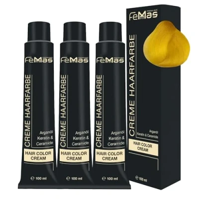 Abbildung von FemMas Haarfarbe Pure &amp; Mix 3x Gelb I Professionelle Creme mit Arganöl, Keratin Ceramiden Als dauerhafte Haarfärbung oder Tönung für strahlende, haltbare Farbergebnisse 100 ml