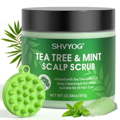Abbildung von Teebaum Kopfhautpeeling, Haarpeeling mit Minze, reinigende und nährende Kopfhaut, Ölregulierendes Teebaumshampoo, Vorbeugung von Haarausfall, Kopfhautpeeling Kopfhautmassagegerät, 300g/10,58oz