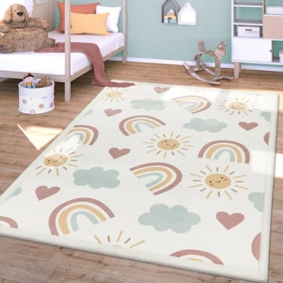 Abbildung von TT Home Waschbarer Teppich Krabbelmatte Babyzimmer Kinder rutschfest Flauschig Punkte, Farbe:Rosa Blau Gelb, Größe:160x220 cm