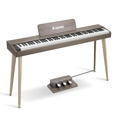 Abbildung von Donner 88 Tasten Digital Piano Keyboard für Anfänger, DDP 60 Electric mit anschlagdynamischen Tasten, 128 Stimmen, 83 Rhythmen, 8 Reverb Effekte, inkl. 3 Style Pedale, Ständer, grau
