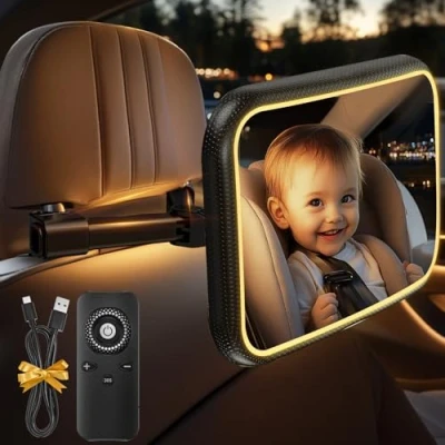 Abbildung von Spiegel Auto Baby Rückbank 360 Autospiegel Sicherheit Autositz Babyspiegel Rückansicht Monitor Rücksitz mit Haken Clip &amp; Beleuchtung für allerlei Kopfstützen