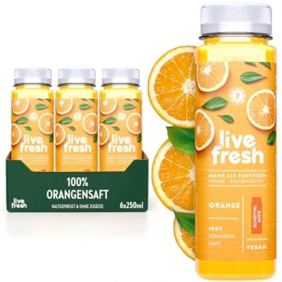 Abbildung von LiveFresh Orangensaft 6 x 250ml Mit Vitamin C Kaltgepresst aus reinen Orangen Keine Zusätze, ohne zusätzlichen Zucker bis zu Wochen haltbar (inkl. 1,50 Einwegpfand)