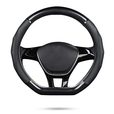 Abbildung von Ergocar Auto Lenkradbezug Rutschfester Lenkradschutz D Form Kohlefaser &amp; Erste Schicht Rindsleder für Durchmesser 38cm (15 &quot;) (D Schwarz)
