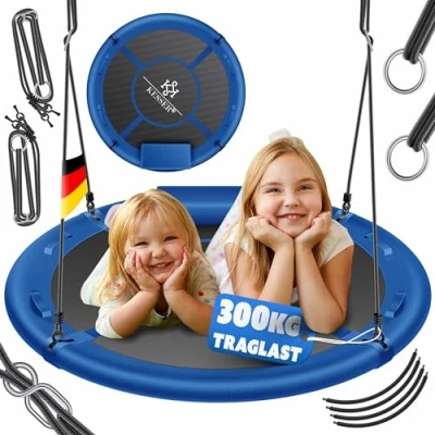 Abbildung von KESSER® Nestschaukel Tellerschaukel Hängeschaukel Rundschaukel Ø 100cm Schaukel bis 300kg belastbar mit Kissen &amp; 4 Griffen verstellbar Kinderschaukel Indoor Outdoor für Kinder Erwachsene Blau