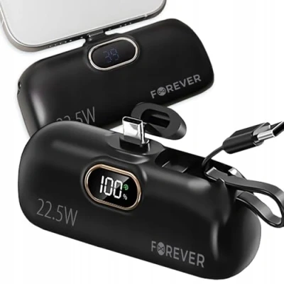 Abbildung von Forever Power Bank Mini USB C Schwarz 5000mAh Powerbank Schnellladefunktion und Pass Through Akku Handy Leicht Klein mit LED Display Ideal für Unterwegs