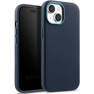 Abbildung von StilGut Cover Kompatibel mit iPhone 15 Plus Hülle aus Leder Case MagSafe Tasten &amp; Kameraeinfassung Metall, Ledercase Blau