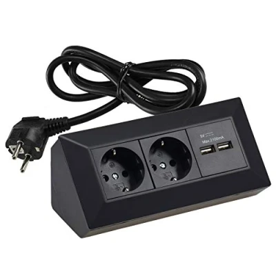 Abbildung von ChiliTec Ecksteckdose Küchensteckdose mit USB Doppelsteckdose 2X Steckdosen I 90 Winkel 230V Aufbau &amp; Eck Montage für Arbeitsplatte Küche Schwarz