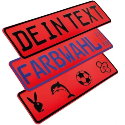 Abbildung von L &amp; P Car Design FKZ 1 Stück Fun Kennzeichen 52cm x 11cm Wunschtext Bohrung Beschichtungsfarbe Individuell Wunschkennzeichen Wunschprägung Namenskennzeichen Namensschild Farbe ROT