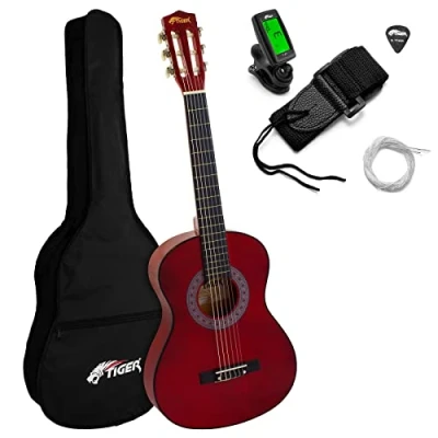 Abbildung von Tiger CLG4 RDTU Klassische Spanische Gitarre 3/4 Ideal für Anfänger und Kinder ab 9+ Jahren Mit Stimmgerät, Tasche, Plektrum, Gurt, Ersatzsaiten Rot Drei Viertel Größe