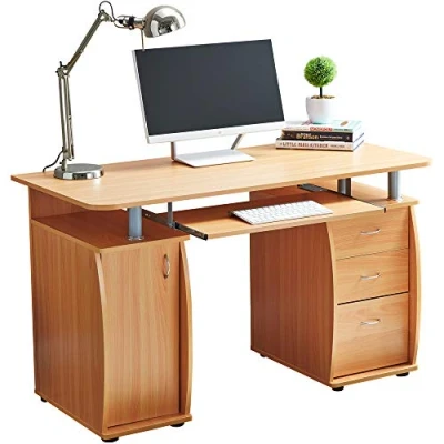 Abbildung von RayGar Deluxe Design Computer Schreibtisch mit Schrank und 3 Schubladen fürs Heimbüro, Arbeitsplatz beige