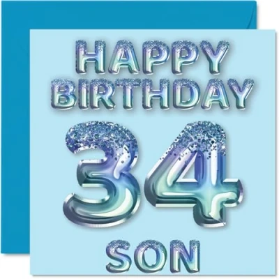 Abbildung von Stuff4 Geburtstagskarte zum 34. Geburtstag für Sohn, blaue Glitzer Party Luftballons, Happy Birthday Karten den von Mama Papa Eltern, 145 mm x