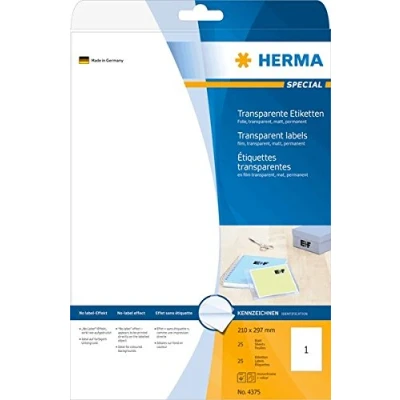Abbildung von HERMA 4375 Wetterfeste Folienetiketten transparent, 800 Blatt, 210 x 297 mm, 1 pro A4 Bogen, Stück, selbstklebend, bedruckbar, matt, blanko Klebeetiketten Aufkleber aus Folie, durchsichtig
