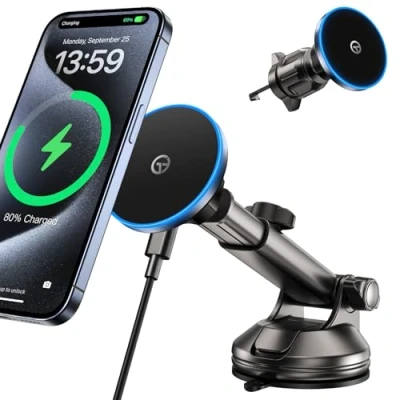 Abbildung von GuMosh Mag Safe Autohalterung mit 【LED Licht】für Nachtausrichtung Ladegerät Auto HandyhalTerung Ladefunktion für Armaturenbrett Vent Windschutzscheibe i Phone 16 15 14 13 12