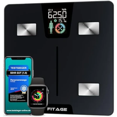 Abbildung von FITAGE Personenwaage digital Testsieger 2024, Körperwaage bis 180kg, Körperfettwaage mit 17 Körpermesswerten, Körperanalyse App, Waage Körperfett und Muskelmasse großem LCD Display
