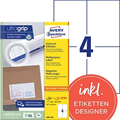 Abbildung von AVERY Zweckform 3483 200 Universal Etiketten (800 plus 80 Klebeetiketten extra, 105x148mm auf A4, bedruckbare Versandetiketten, selbstklebende Versandaufkleber mit ultragrip) 220 Blatt, weiß