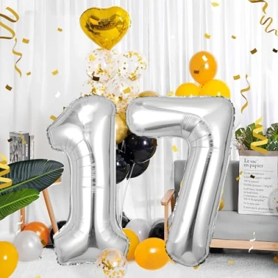 Abbildung von 17 Geburtstag Deko zahlen luftballon jahre Folienballon Sliber für 17. Geburtstagsdeko Männer Frauen Ballon Zahl zum fliegt mit Helium 17.Geburtstagsparty 40&quot; 101cm