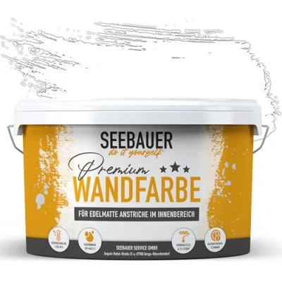 Abbildung von SEEBAUER diy Wandfarbe Weiß 5L für Innen (No. 000 Weiß) Edelmatte weiße Innenfarbe Verschiedene Farbtöne sehr hohe Deckkraft Matt, Abwaschbar und Tropffrei