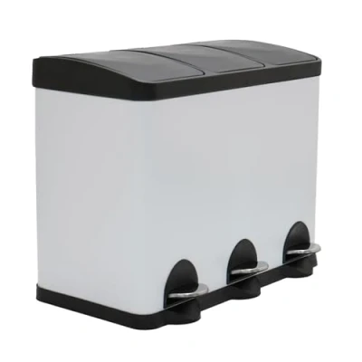 Abbildung von Amig Dreifacher Mülleimer mit Pedalen 45 Liter 3 herausnehmbare 15 Fächer Recyclingbehälter für die Küche Stahl 60 x 37 49 cm Weiß