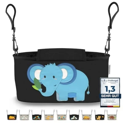Abbildung von GRINSEZWERGE Kinderwagen Organizer 12 Motive mit Feuchttuchspender I Tasche Schultergurt Kinder Buggy Kinderwagentasche Aufbewahrungstasche Baby Stroller Bag schwarz Elefant