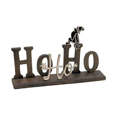 Abbildung von Spetebo Schriftzug Aufsteller HO aus Holz und Aluminium 36 x 22 cm Weihnachtsdeko Holzaufsteller Tischdeko Fensterdeko Dunkelbraun Silber