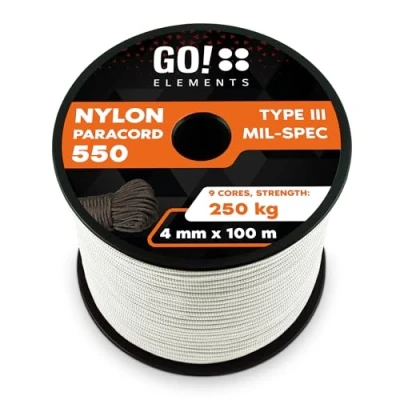 Abbildung von GO!elements 100m Paracord Seil aus reißfester Nylonschnur 4mm 550 Typ III Schnur geeignet als Allzweckseil &amp; Reepschnur Max. 250kg, Farbe: Weiß