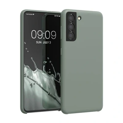 Abbildung von kwmobile Hülle kompatibel mit Samsung Galaxy S21 Silikon Handy Case Handyhülle weiche Oberfläche kabelloses Laden Rainwashed Grün