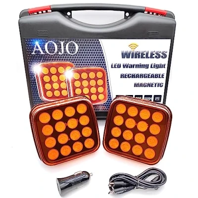 Abbildung von AOJO 2 x Orange Wireless LED Warnleuchte 4 Lichtmodi, Gelb/Amber Kabelloss Akku Warnblitzer Satz mit Schutzbox Magnetisch, Wiederaufladbar, Wasserdicht, E Prüfzeichen
