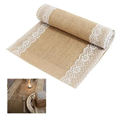 Abbildung von BIT.FLY Jute Tischläufer mit Spitze 30 x 275cm Hochzeit Dekoration Tischband aus Natur Leinen für Hochzeiten Abendessen Feiern Tischdekorationen