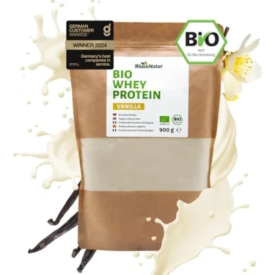 Abbildung von RheinNatur Bio Whey Protein Pulver Vanille 900 g Eiweißpulver mit natürlichem Aroma &amp; ohne Soja 100% Molke für Proteinshakes