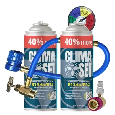 Abbildung von ClimaSet R134a kältemittel Ersatzgas Kühlmittel Klima Auto Gasflasche 2x235 g Klimaanlage Nachfüllset Wohnmobil schlauch Manometer ECO