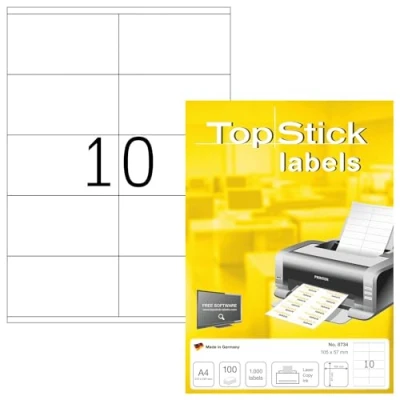 Abbildung von TopStick 8734 Universal Etiketten, 100 Blatt, 105 x 57 mm, 10 pro A4 Bogen, 1000 Stück, selbstklebend, bedruckbar, matt, blanko Papier Klebeetiketten Aufkleber, weiß