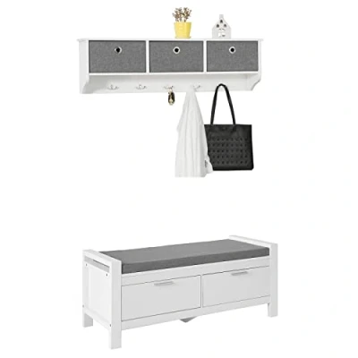 Abbildung von SoBuy Wandgarderobe Set Flurset Flurmöbel Schuhbank mit Sitzfläche Flurgarderobe FSR74 W+FRG282 W
