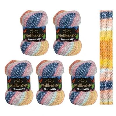 Abbildung von 5 x 100g Wollbiene Harmony Batik 500 Gramm mit Farbverlauf 30% Baumwolle mehrfarbig Multicolor Strickwolle Häkelwolle Wolle Ganzjahreswolle (8010 blau orange gelb mint)