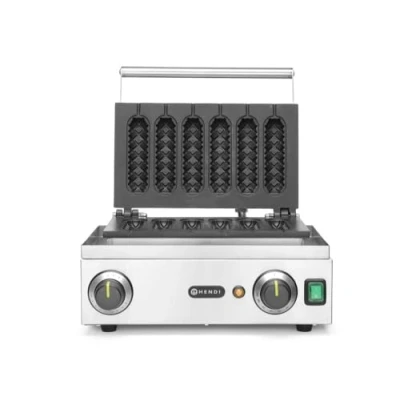 Abbildung von HENDI Waffeleisen &#039;Corn Dog&#039;, Für 6 leckere Lollipop Waffeln oder Corn Dogs, Temperatur einstellbar von 50˚C bis 220˚C, Teflon® Antihaftbeschichtung, 230V, 1550W, 390x335x(H)230mm, Edelstahl