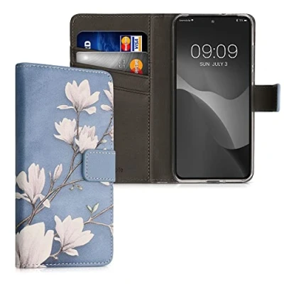 Abbildung von kwmobile Wallet Case kompatibel mit Motorola Edge 30 Neo Hülle Cover Ständer und Kartenfächern Magnolien Taupe Weiß Blaugrau