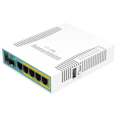 Abbildung von MikroTik hEX PoE with 800MHz CPU PoE, IEEE 802.3at, RB960PGS (hEX 10,100,1000 Mbit/s, 800 MHz, 16 MB, 128 White)