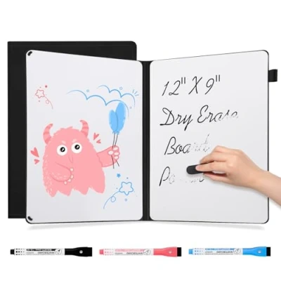 Abbildung von AGM A4 Mini Whiteboard, Kleines tragbare Schreibtafel mit 3 Farbstiften, Radiergummi und Netztasche für Büro, Arbeitszimmer, Klassenzimmer Zuhause Schwarz