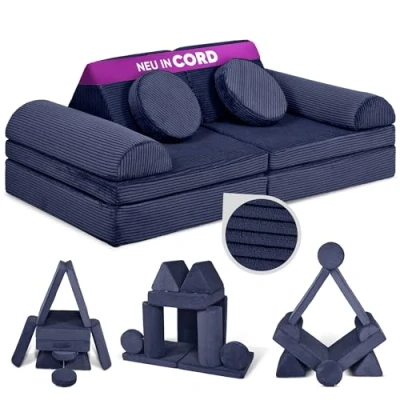 Abbildung von Linodino® Spielsofa Cord Fantasiewelt, Kindersofa Bausteine Kreative Stapelsteine für Kinder Kindercouch, Sofa Kuschelecke im Kinderzimmer Schaumstoff Softbausteine [Weltraumblau]